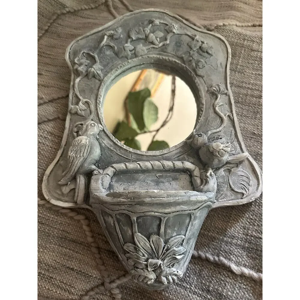 Vintage Pottery Mirror wall hanging hand made birds distressed heavy gray decor